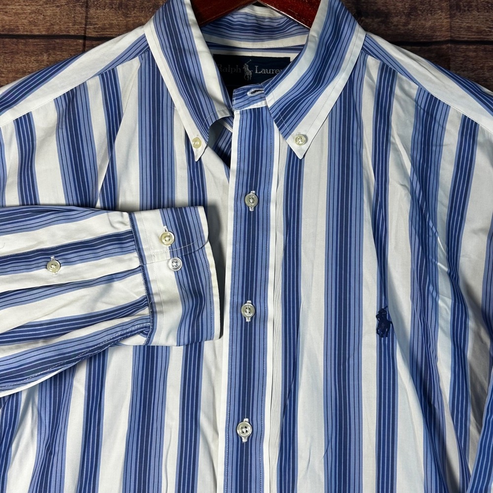 Ralph Lauren Mens Classic Fit Striped Button Down Shirt Blue 16.5 L Blue Pony